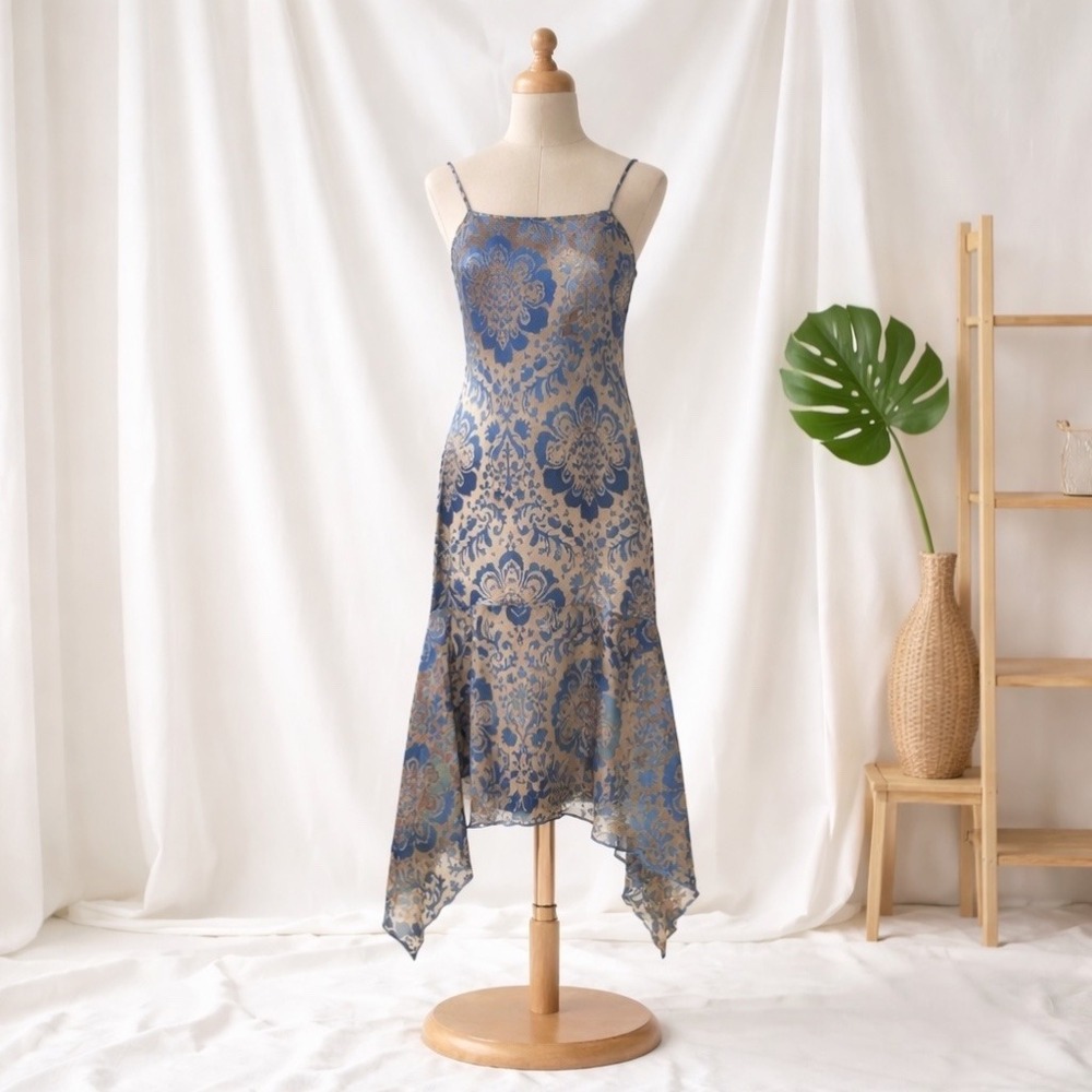 Vintage Romantic Fairy Grunge Y2K Velvet Burnout Asym Dress Large Sheer Overlay‎